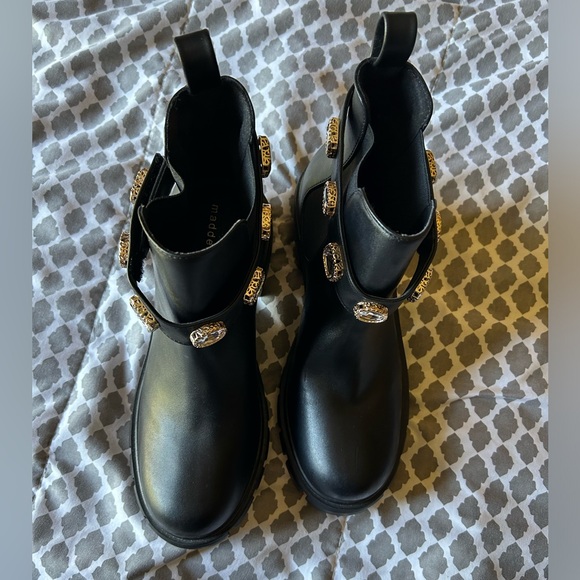 MADDEN GIRL CHUNKY HEELED COMBAT BOOTS HONEYY WITH JEWELED VELCRO CLOSURE - Picture 5 of 9